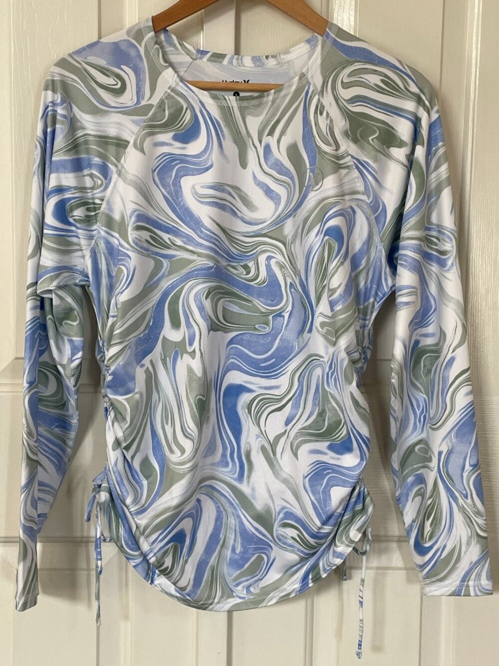 Hurley Marbled Swirl LS Rash Guard Swim Shirt Ruched UPF 50+ Blue Women's Size L